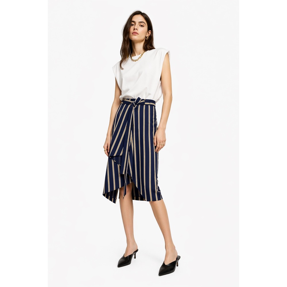 NWT BCBG MAXAZRIA Womens Striped Faux Wrap Midi‎ Skirt XXS Tie Waist Navy Gold